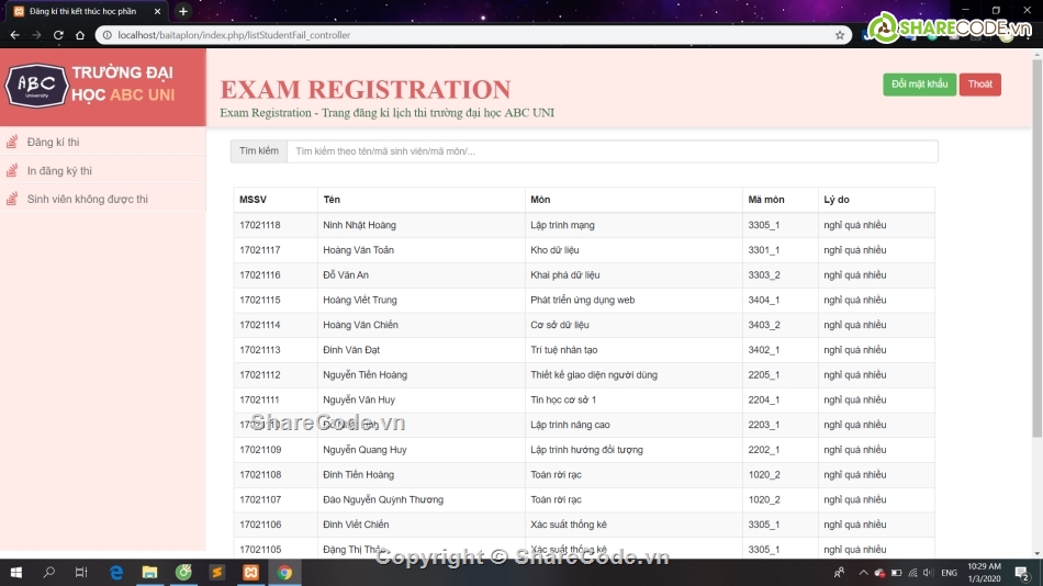 Source code web đăng ký học kỳ,Đăng ký thi học kỳ bootstrap,MVC Web quản lý,quản lý thi,quản lý kỳ thi